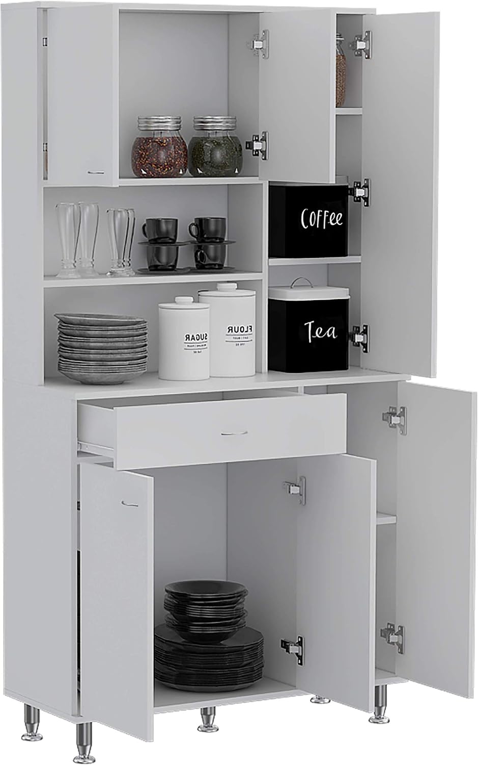 90 Kitchen Pantry, One Drawer, Multiple Cabinets, Two Open Shelvess -White