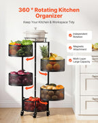 VEVOR Rotating Storage Rack Cart, 5 Tier Fruit and Vegetable Basket Bowls, Heavy Duty Wire Basket Organizer on Wheels, Large Capacity Stand with Metal Top Lid, for Kitchen Bathroom Nursery, Black