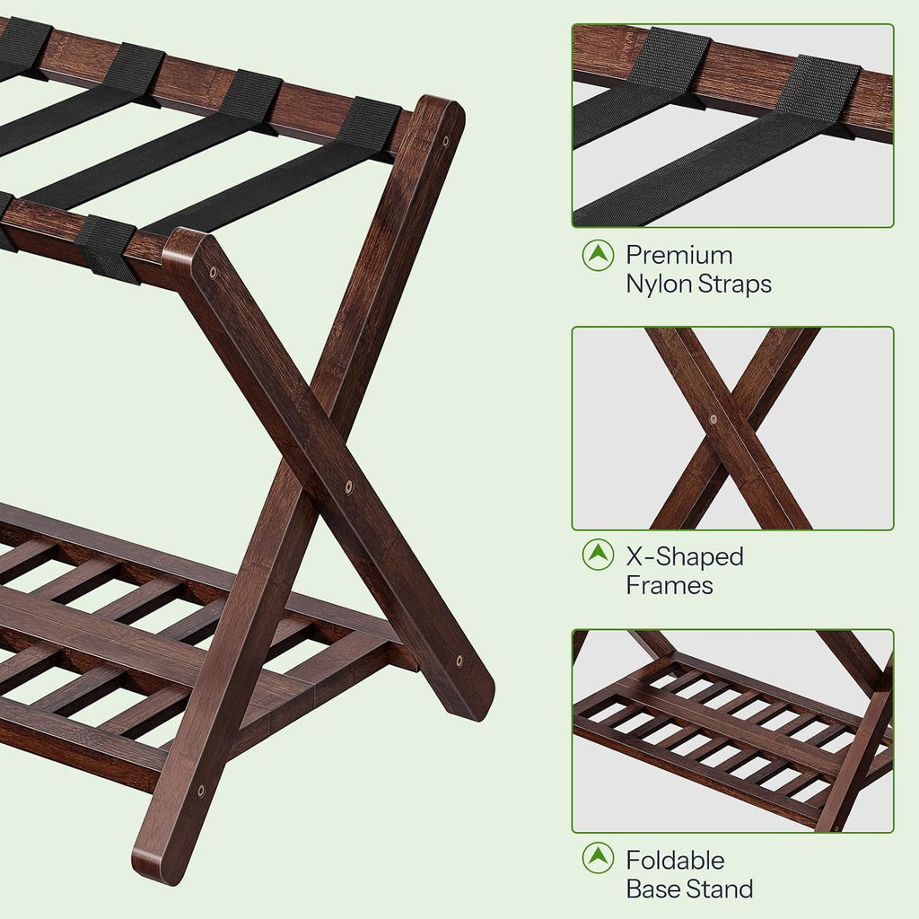 HOOBRO Luggage Racks, Set of 2 Bamboo Suitcase Stands, Folding Luggage Holders, Nylon Strap Support Top, for Guest Room, Hotel, Bedroom, Closet, Dark Brown BR18XLP201