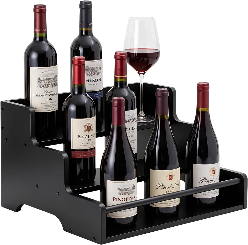 Mufico Bamboo Liquor Bottle Display Shelf with Handles & Guardrail, Black | 3 Step Tabletop Liquor Wine Racks, Coffee Syrup Rack for Mini Bar, Kitchen, Home Retro, Liquor Cabinet, Office, Spirits