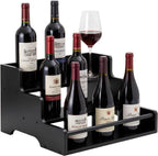 Mufico Bamboo Liquor Bottle Display Shelf with Handles & Guardrail, Black | 3 Step Tabletop Liquor Wine Racks, Coffee Syrup Rack for Mini Bar, Kitchen, Home Retro, Liquor Cabinet, Office, Spirits