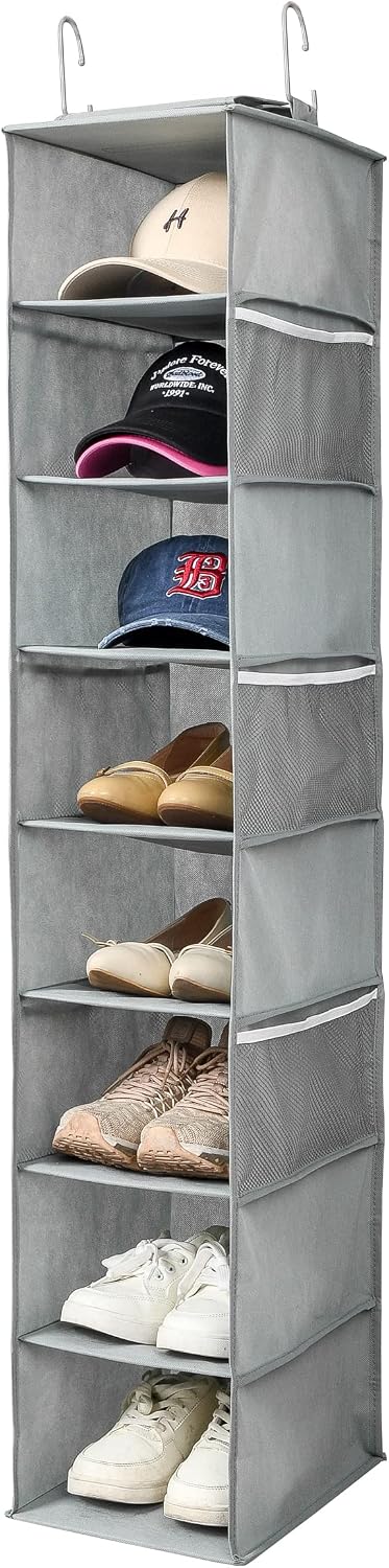 Berdeng Hanging Shoe Organizer for Closet with Side Mesh Pockets，Hat Racks for Baseball Caps，Shoe and Hat Holder & Storage，8-Shelf，Gray，1 Pack