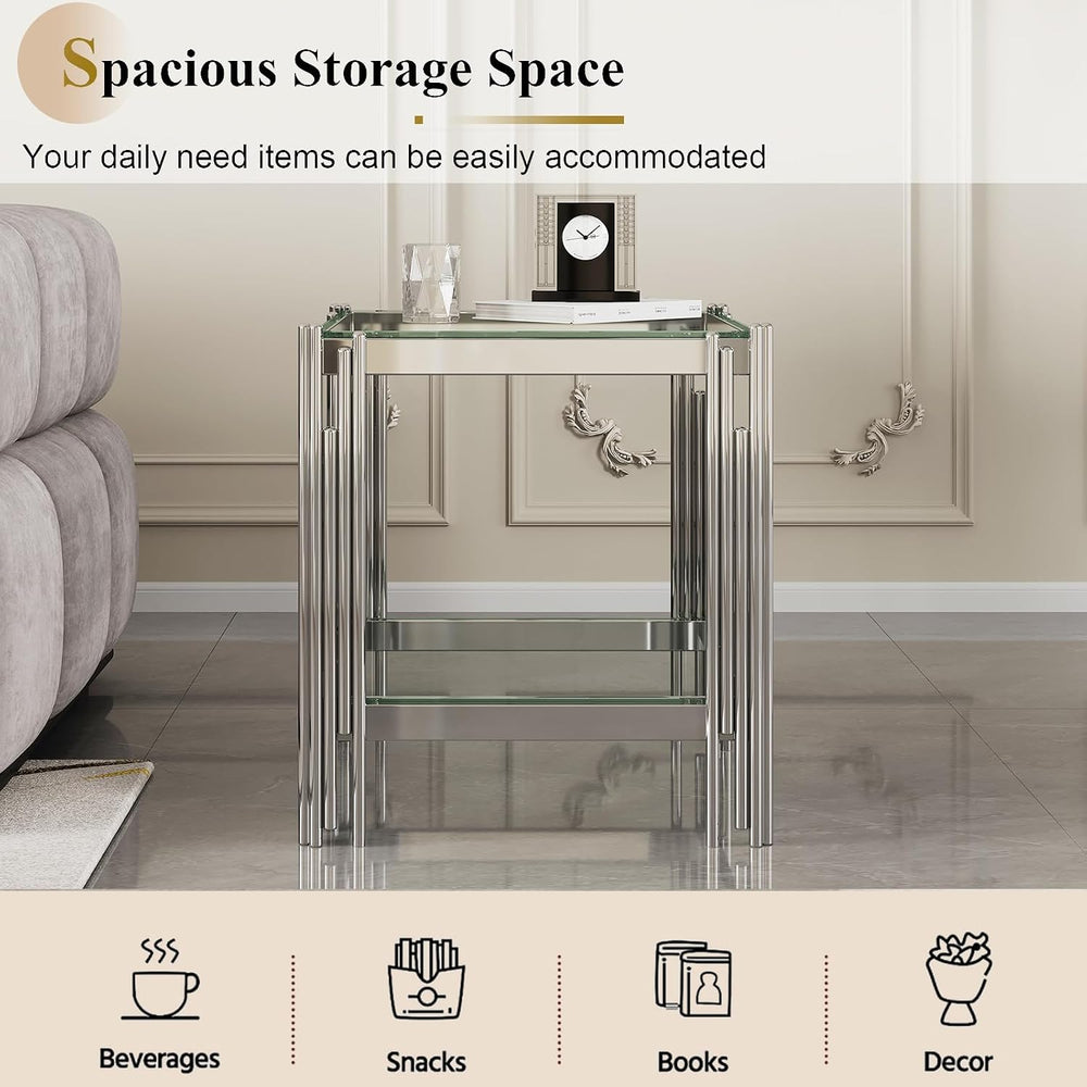 Modern Glass Coffee Table Set of 3, Luxury 2-Tier Clear Glass Coffee Table an...