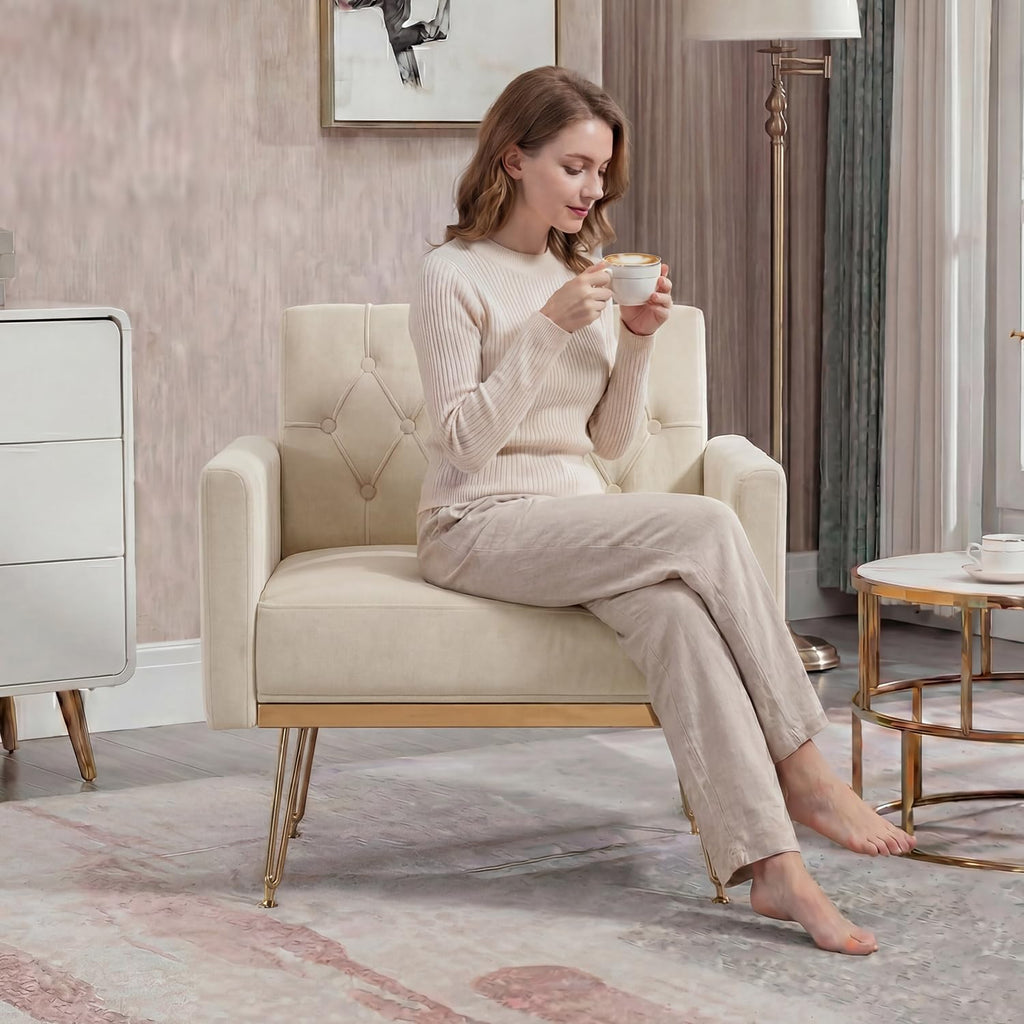 Olela Accent Chair with Arm for Living Room, Velvet Modern Armchair Single Sofa Cozy Tufted Upholstered Reading Side Chairs with Gold Metal Leg for Bedroom Decorate