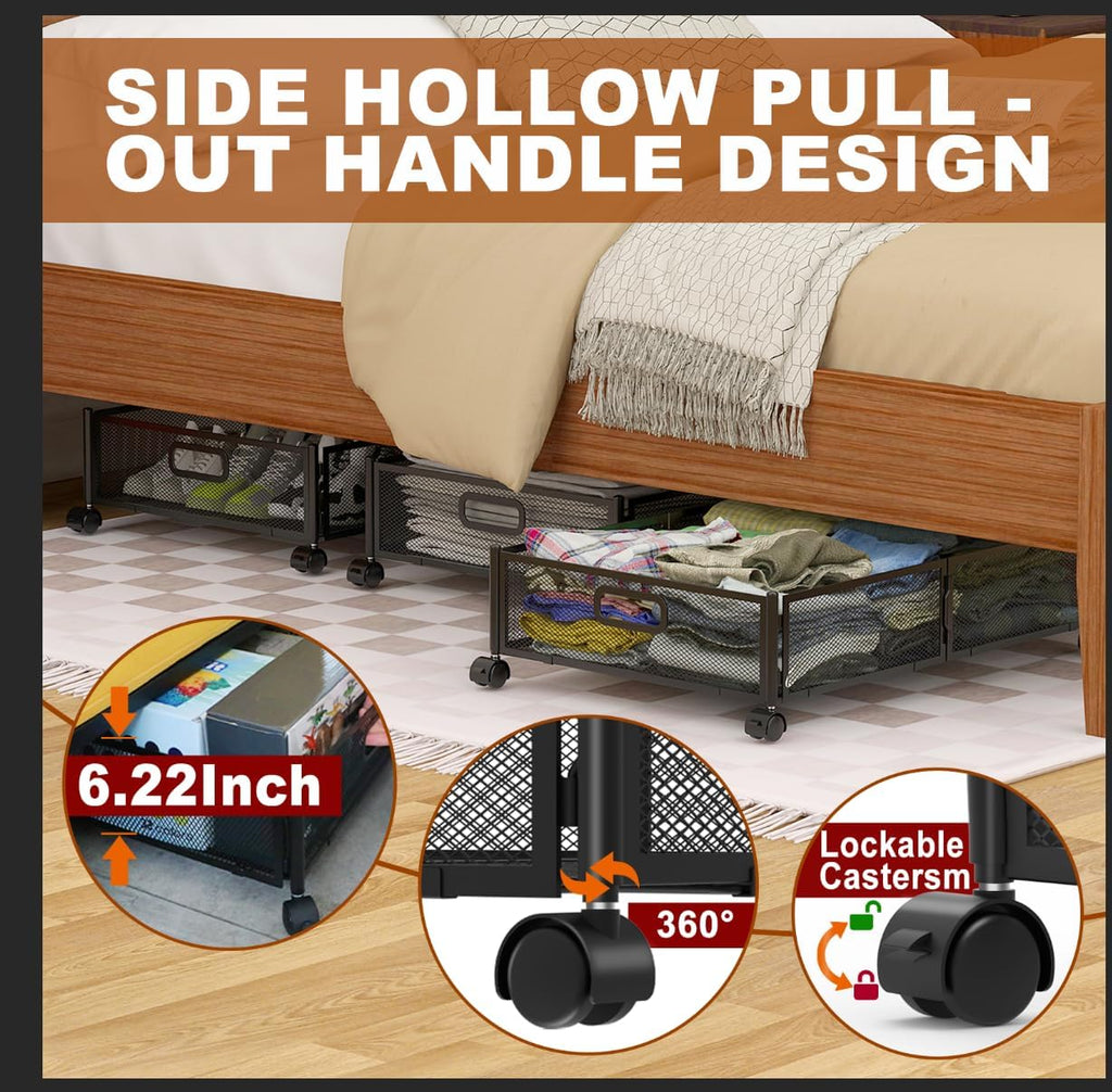 Under Bed Storage Containers,4 Pack Foldable Underbed Storage Containers with Handles and Wheels,Folding Bed Shoes Clothes Organizer,Easy Assembly Underbed Storage for Toy,Bedding,Bedroom(Black)