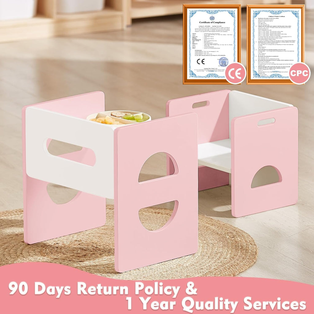 FUNLIO Height Adjustable Montessori Table and Chair Set for Age 1-3, Solid Wood Toddler Table and Chair Set, Weaning Baby Table Chair Set for Reading/Eating/Playing, Easy to Assemble - Pink
