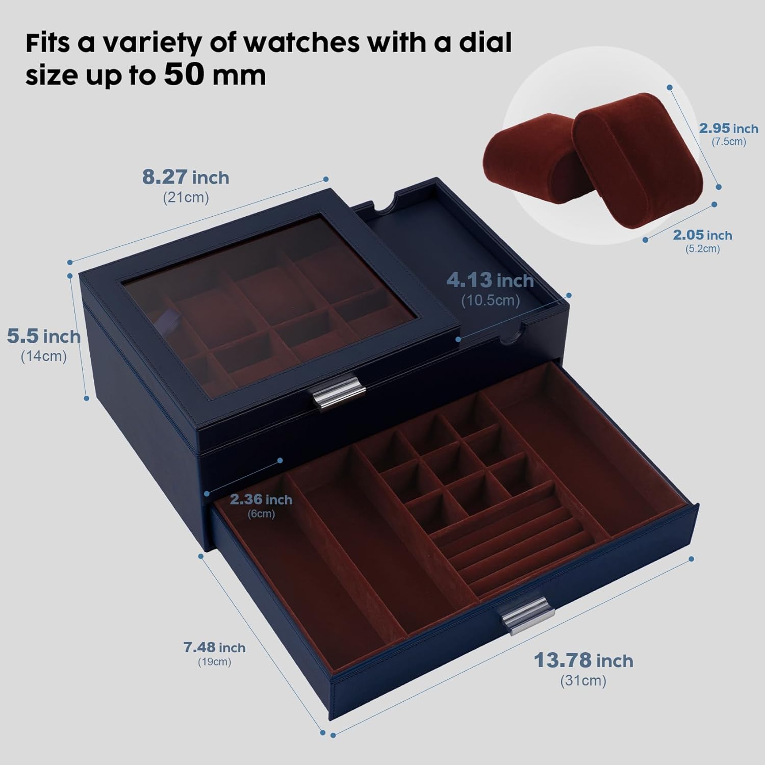 Dajasan Watch Box, Watch Case for Men, 8 Slot Watch Display Case with Glass Lid, Large Watch Holder Organizer, Watch Storage Case for Father's Day, Birthday, Christmas, New Year (Blue)