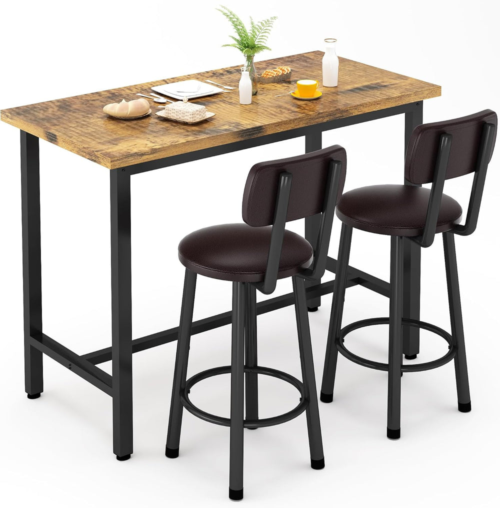 3 Piece Bar Table and Chairs Set for 2, Counter Height Rectangular Pub Dining...
