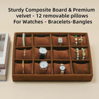 Jewelry Watch Tray, Coffee Velvet Watch Jewelry Organizer 12 Grid, Stackable Watch Bracelet Bangle Display Holder, Adjustable Pillows, for Man Woman Show Birthday