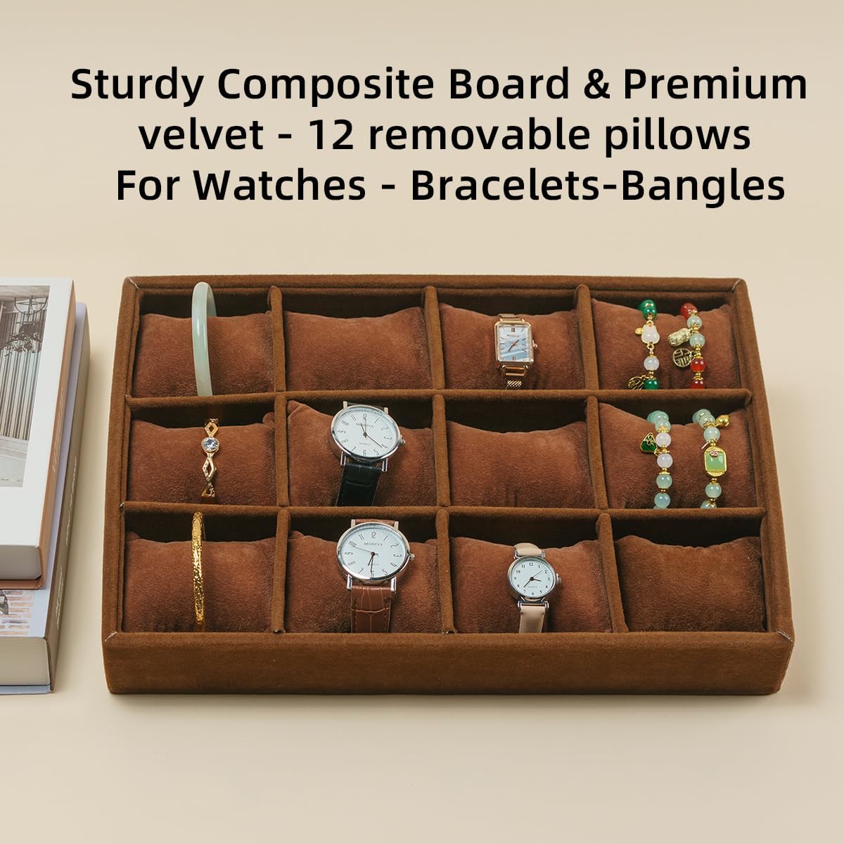 Jewelry Watch Tray, Coffee Velvet Watch Jewelry Organizer 12 Grid, Stackable Watch Bracelet Bangle Display Holder, Adjustable Pillows, for Man Woman Show Birthday