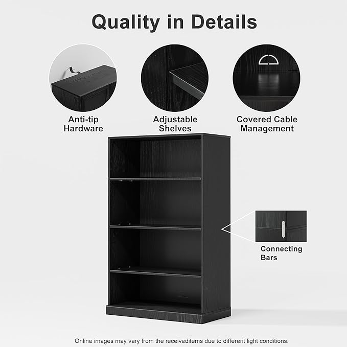 49" Wooden Book Shelf, 2 Shelf Bookcase, Modern Bookshelf with Adjustable Shelf for Home Office, Study Room, Black