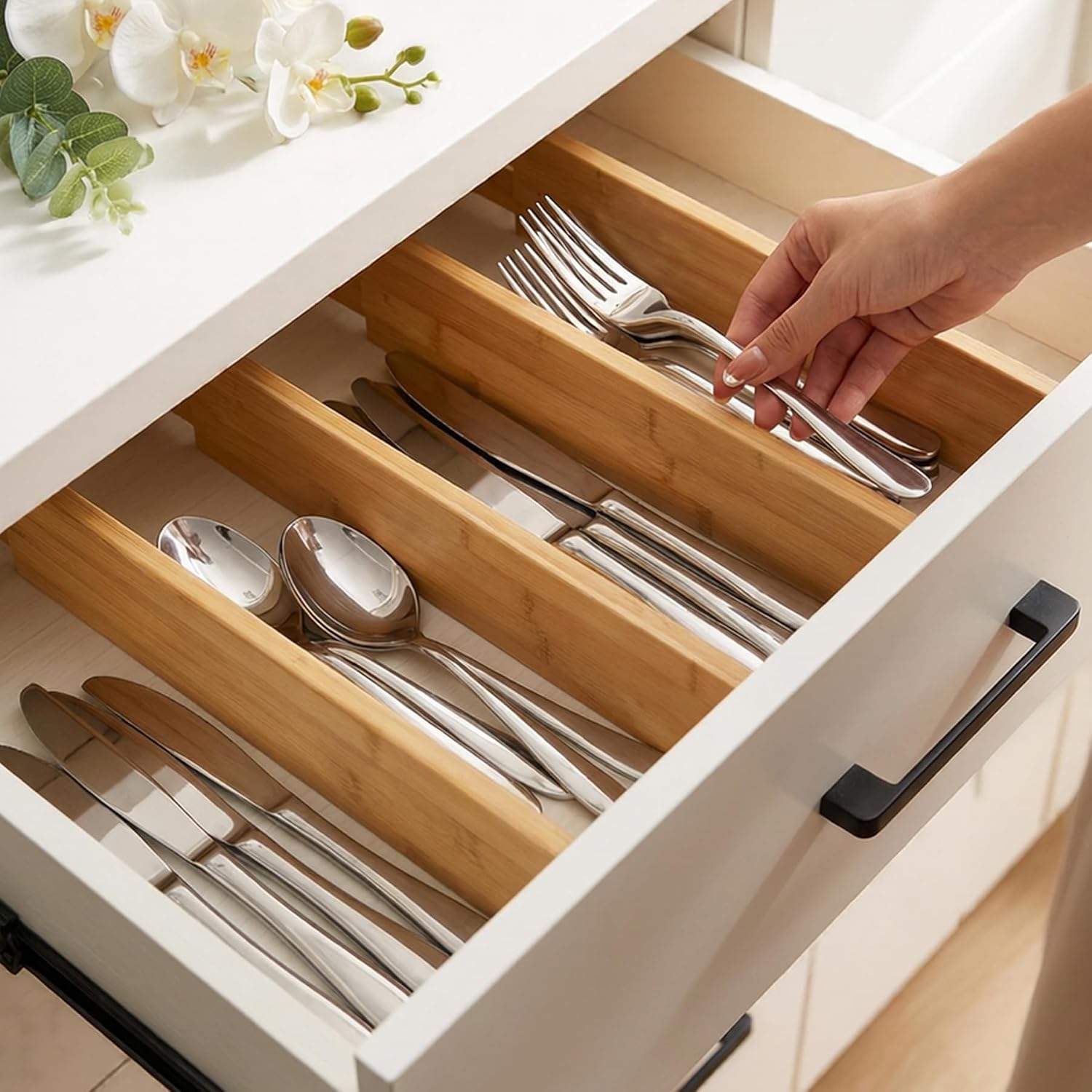 Utoplike Kitchen Drawer Divider, Expandable Bamboo Drawers Organizer 3.2" H | Large Adjustable Spring-Loaded Separators for Spatulas, Utensils, Bedroom & Home Storage, 4pcs, Fit 18"-20.6" Inner Drawer