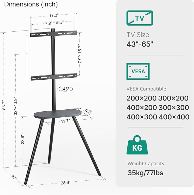 Tripod Easel TV Stand for 43 to 65 Inch LCD Led Screen, Height Adjustable and Swievel TV Stand, Portable TV Floor Stand with Wooden Tray for Bedroom, Living Room, Studio, Metal Black