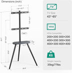 Tripod Easel TV Stand for 43 to 65 Inch LCD Led Screen, Height Adjustable and Swievel TV Stand, Portable TV Floor Stand with Wooden Tray for Bedroom, Living Room, Studio, Metal Black