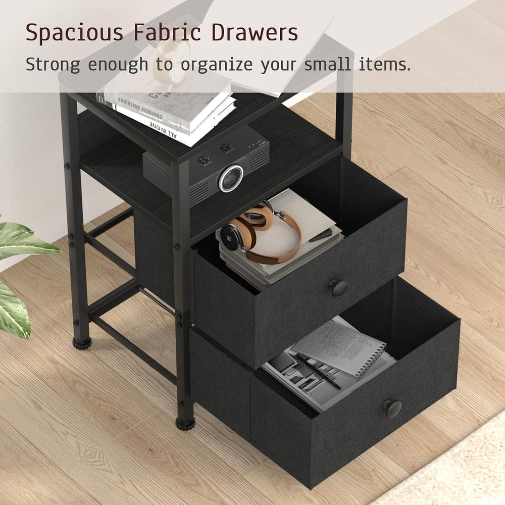 End Table with Charging Station & USB Ports, Rustic Nightstand with Fabri...
