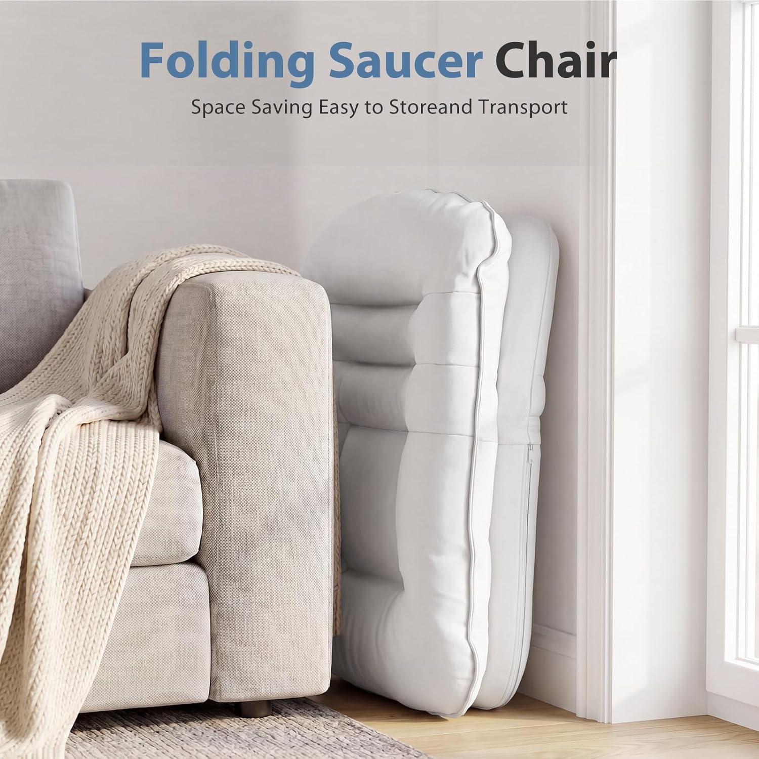 DUMOS Comfy Saucer Chair,PU Leather Foldable Chairs for Bedroom, Living Room, Dorm & Gaming, Small Foldable Fashion Floor Chair with Back Support for Small Spaces Adults, Snow White