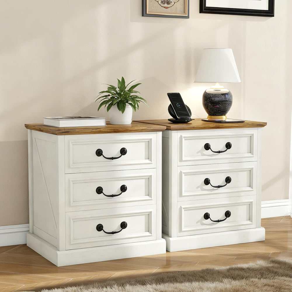 MUUEGM Night Stand with Charging Station Set of 2 Rustic White Bedside End Ta...