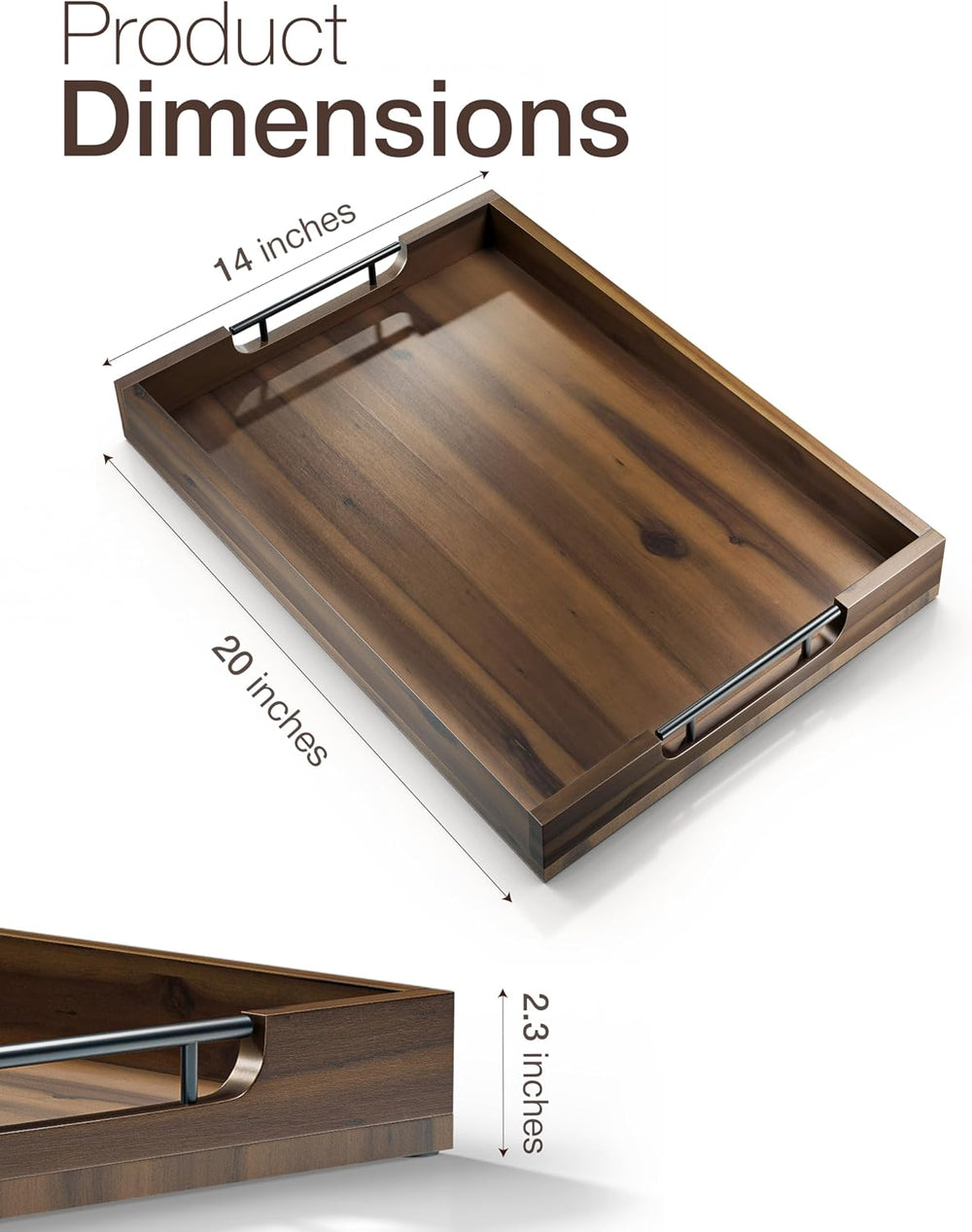 TIDITA 20"x14" Wooden Large Serving Tray, Walnut Color, Metal Handles