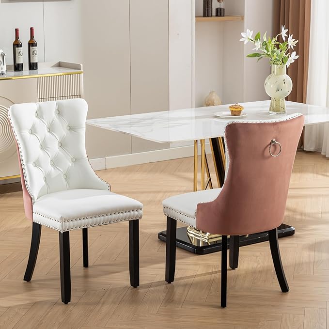 Velvet Dining Chairs Set of 2, High-end Tufted Upholstered Dining Chair with Ring Pull and Solid Wood Legs, Modern Dining Room Chairs for Dining Room, White PU & Pink Velvet