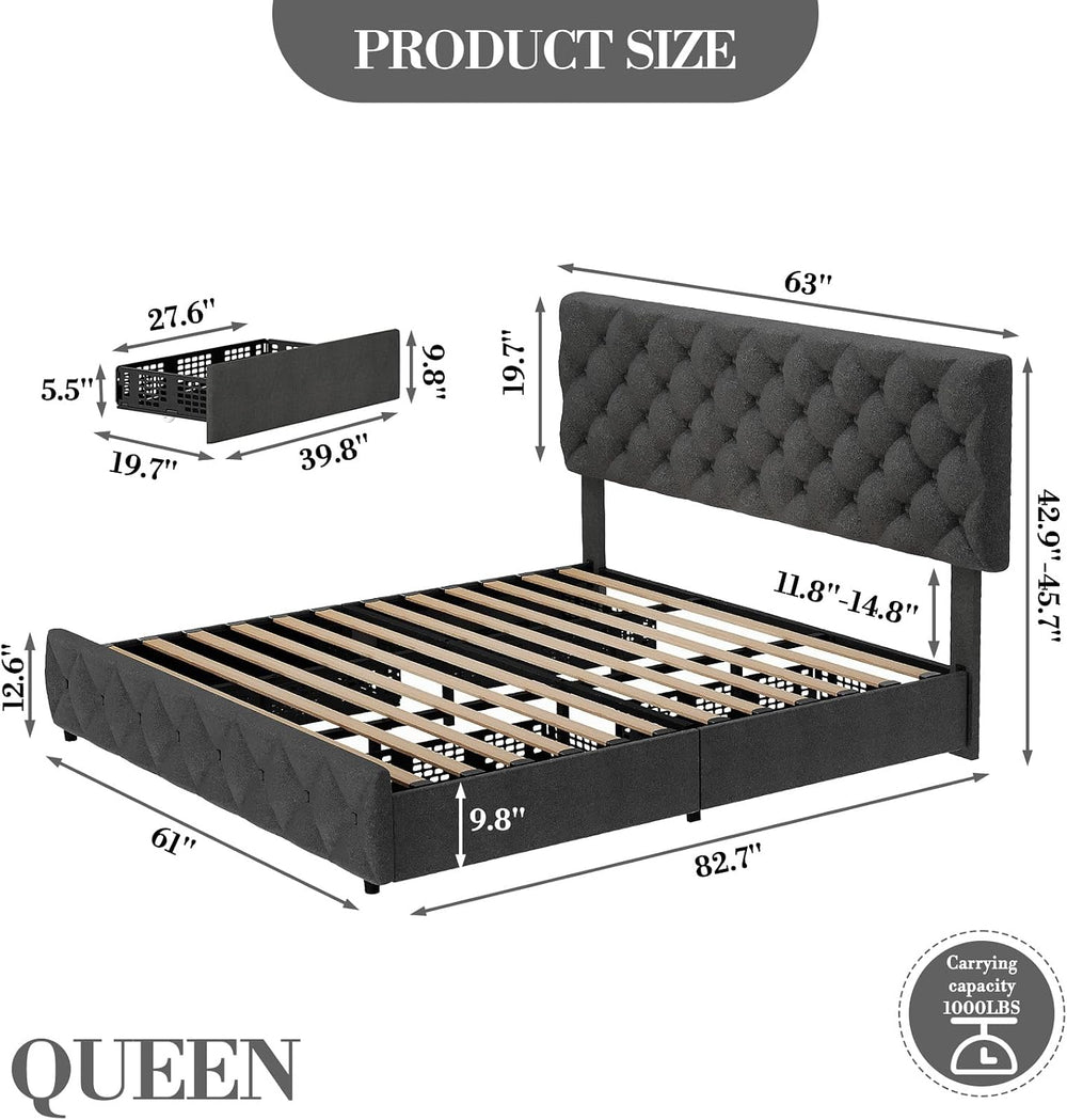 Queen Size Bed Frame with Adjustable Headboard & 4 Storage Drawers - Diam...
