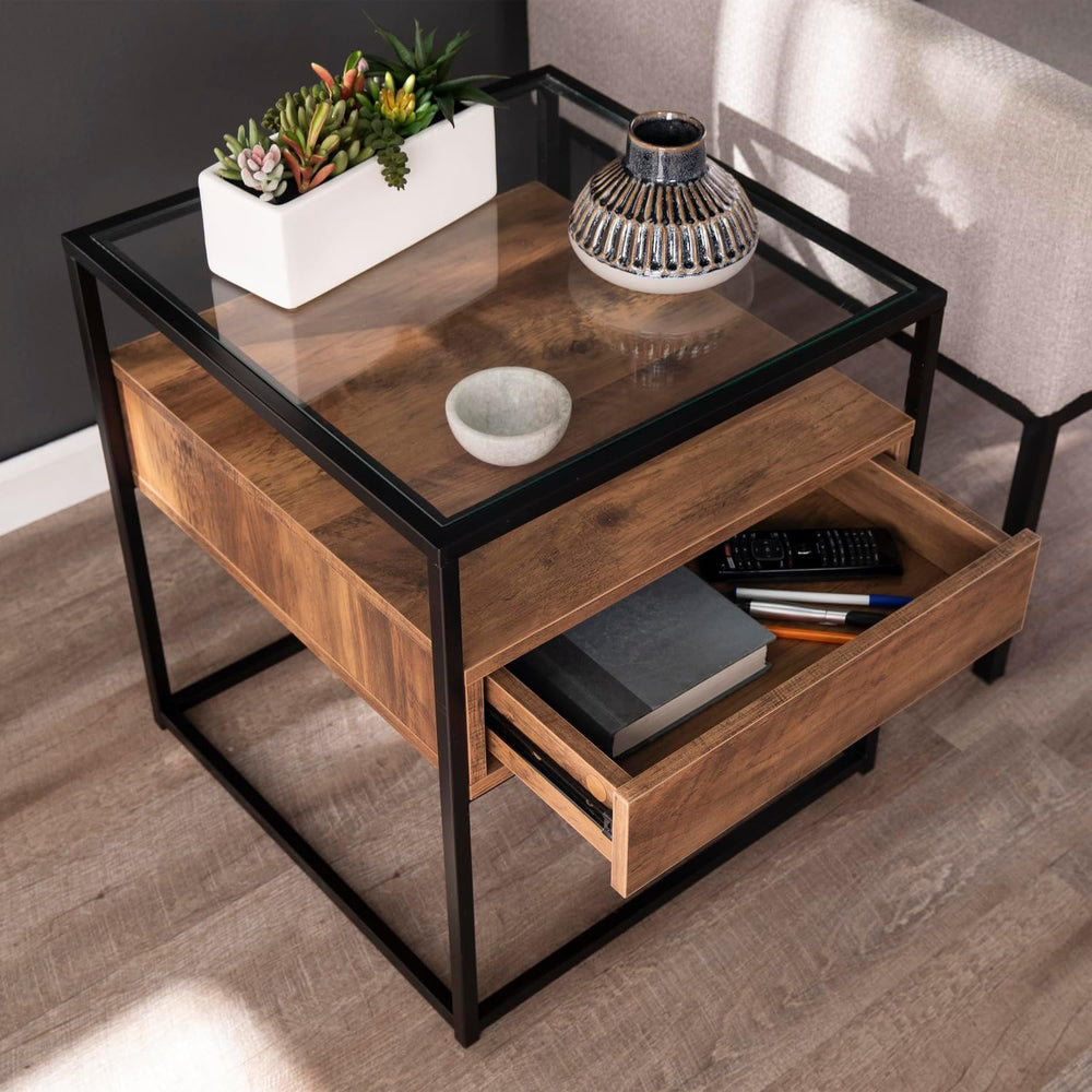 HomeStock Glass Top End Table with Drawer & Shelf - Industrial Accent Tab...