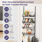 SWTYMIKI Over Door Hat Organizer - 5 Tier Wall Mounted Hat Rack with 4 Adjustable Metal Basket and 3 Hooks, Hanging Baseball Cap Organizer Storage Holds up to 49 Caps for Door, Bedroom, Closet