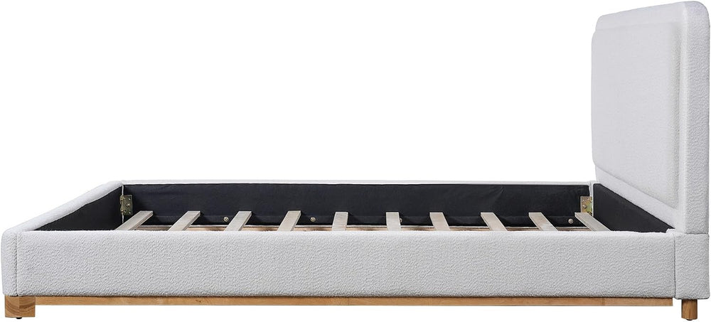 Peanu Queen Bed Frame, Boucle Upholstered Headboard, White Base