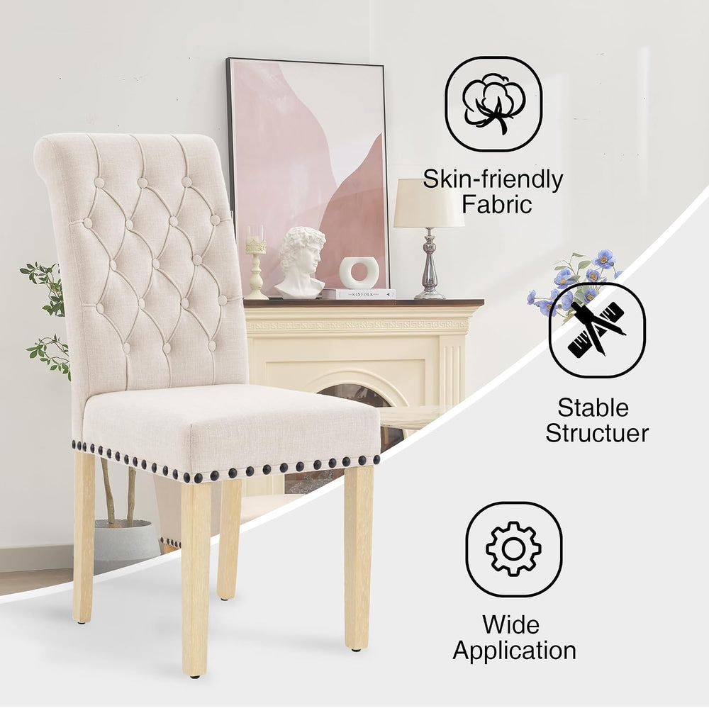 adochr Dining Chairs Set of 2, Linen Armless Parsons Chairs,Beige | Wooden Le...