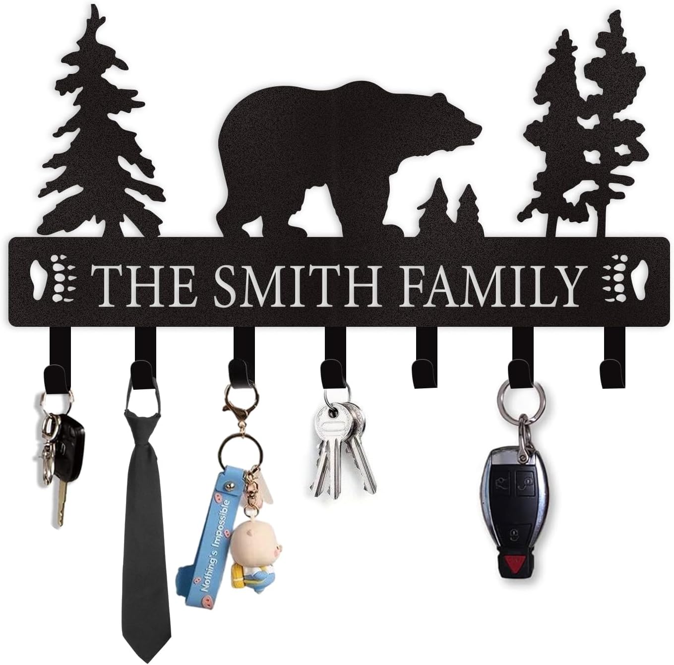 Personalized Key Holder for Wall, Custom Metal Black Bear Coat Hook Key Holder with Name, Metal Key Rack Hanger Organizer for Entryway, Front Door, Hallway, Kitchen, Office Decor