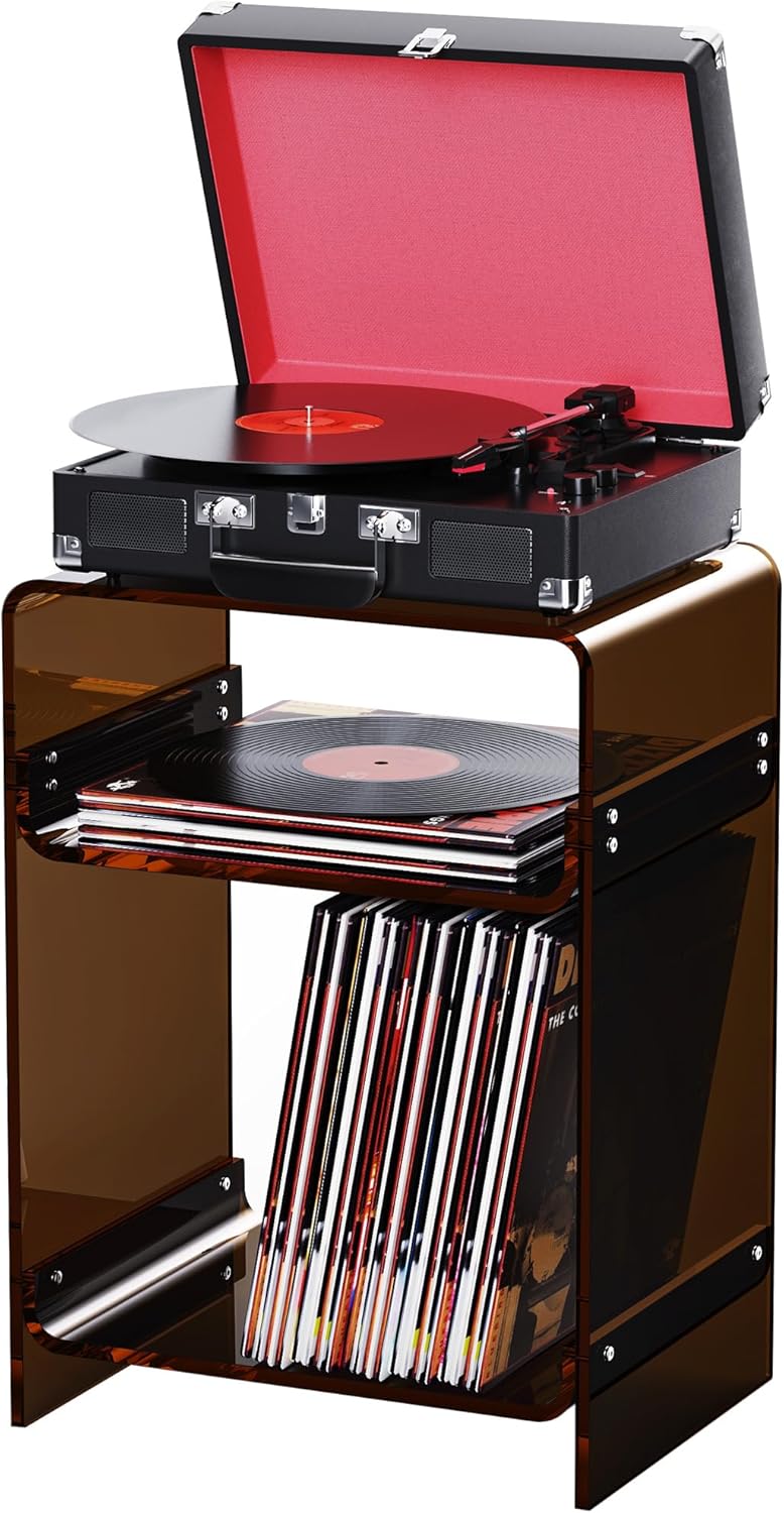 Acrylic Record Player Table with Storage Shelf, Clear Side Table Nightstand (...