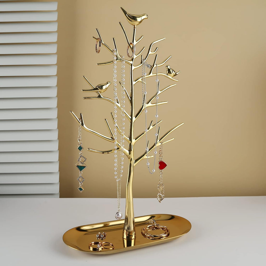 MORE&LESS Branch Jewelry Rack with metal tray,Luxury color,Tree Tower Rack Hanging Organizer for Ring Earrings Necklace Bracelet,Suitable for living rooms, bathrooms,offices,etc.
