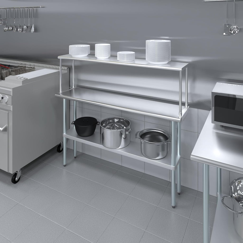 Stainless Steel Work Table with Wide Single Tier Overshelf | Metal Kitchen Prep Table & Shelving Combo (14" x 60" Work Table + 12" Overshelf)