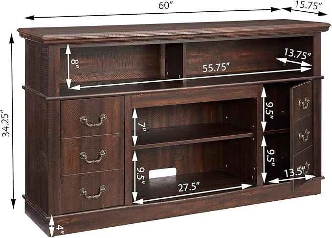 TV Cabinet for 65" TV: Tall Drawer-Like TV Stand | Rustic Farmhouse Media Entertainment Center with Storage Console and Adjustable Shelves for Living Room - Espresso