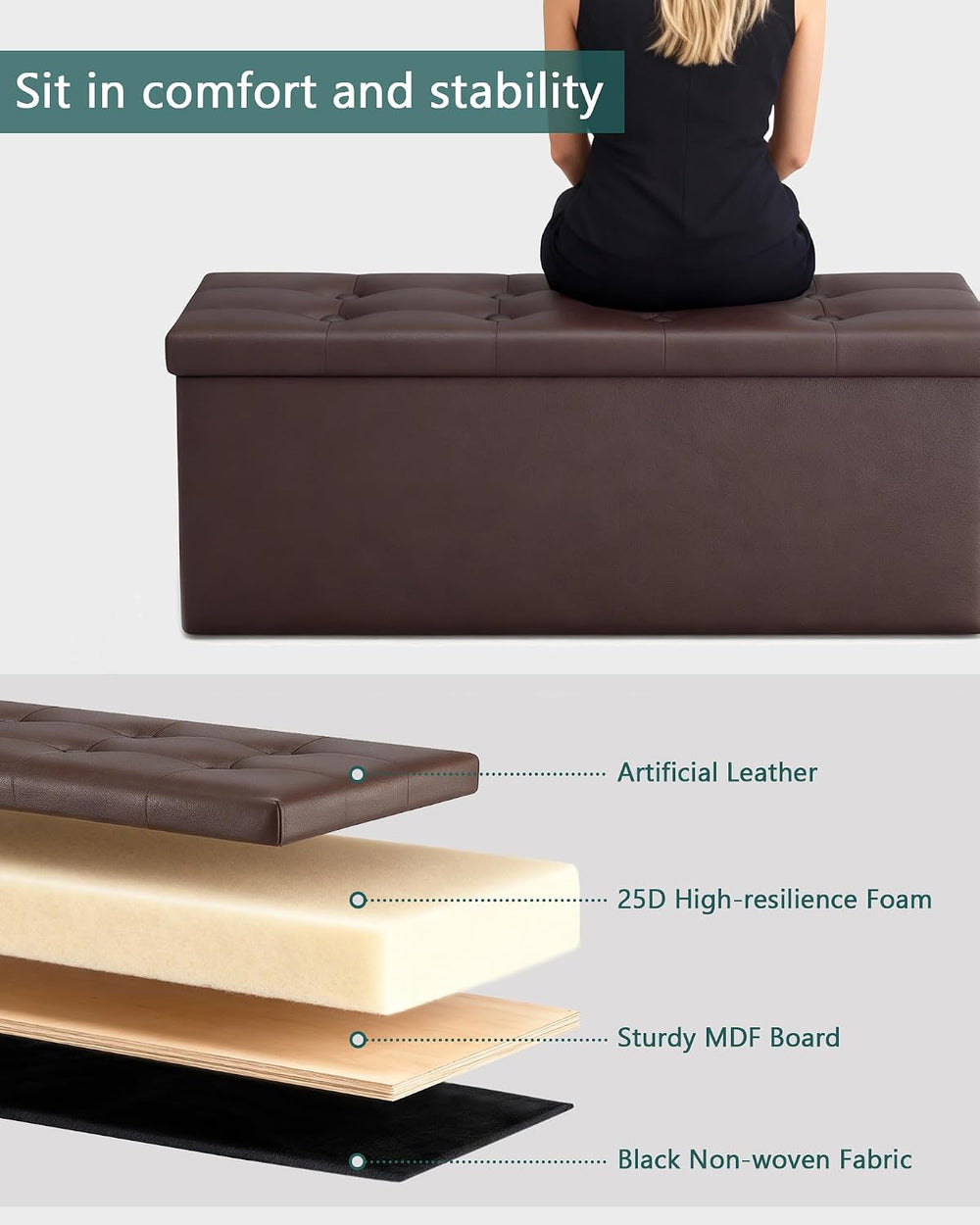 LITZFUR 43" Storage Ottoman Bench, Folding Faux Leather Chest, Brown | S...