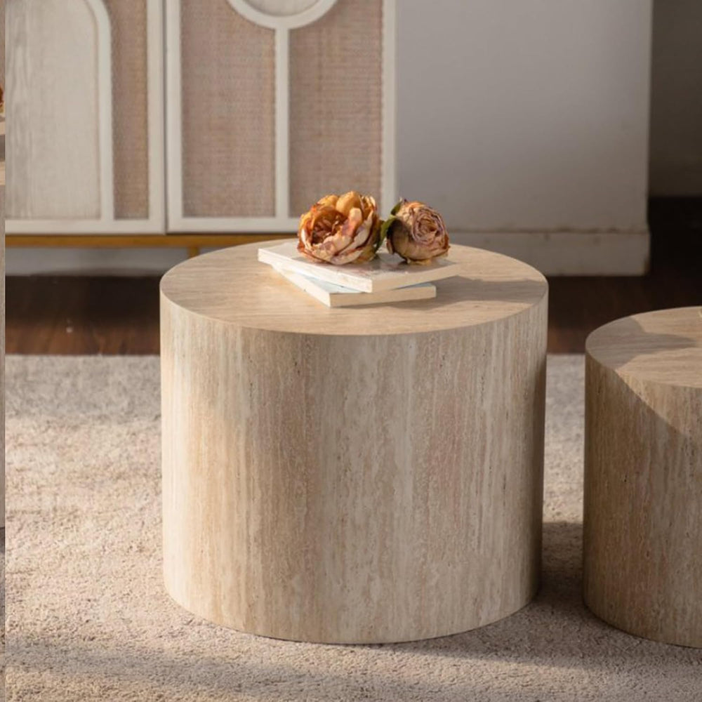 Retro Nesting Coffee Table Set of 2, 33.86" Round Wood Coffee Tables, Ci...