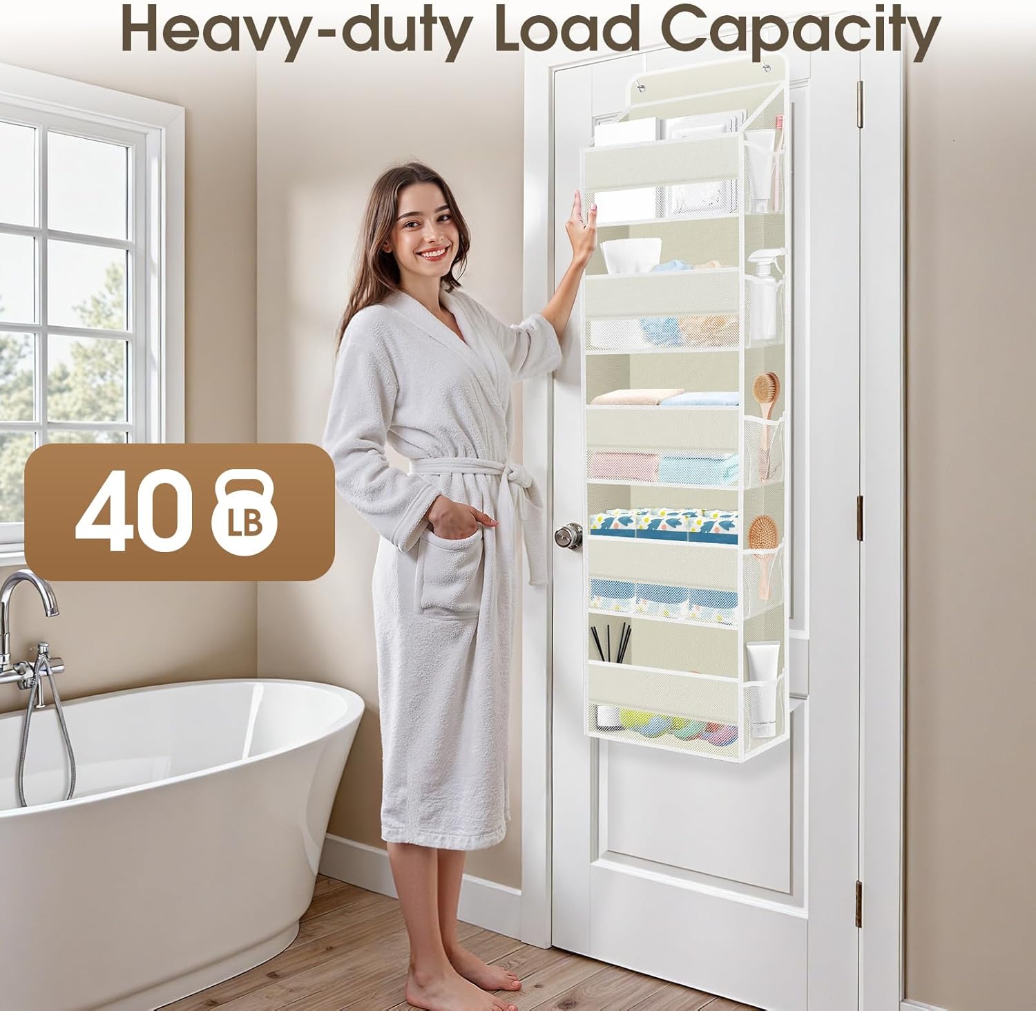 2 Pack Over The Door Organizer, Hanging Storage Organizer with Clear Window, 40lb Ultra Sturdy Large Capacity Room Organizer for Pantry Laundry Bathroom Nursery Closet (Beige)