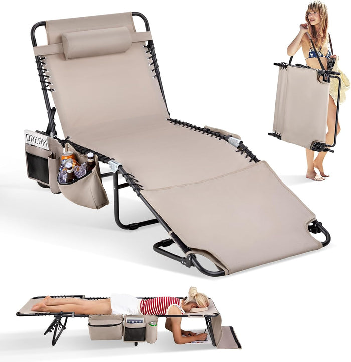 VINGLI Oversized Tanning Chair with Face Hole & Carrying Bag, Beach Lounge Chair Outdoor for Adults, Folding Lounge Chair for Sun Tanning, Laying Out Chairs for Tanning Lounger Outside, 475lbs, Beige