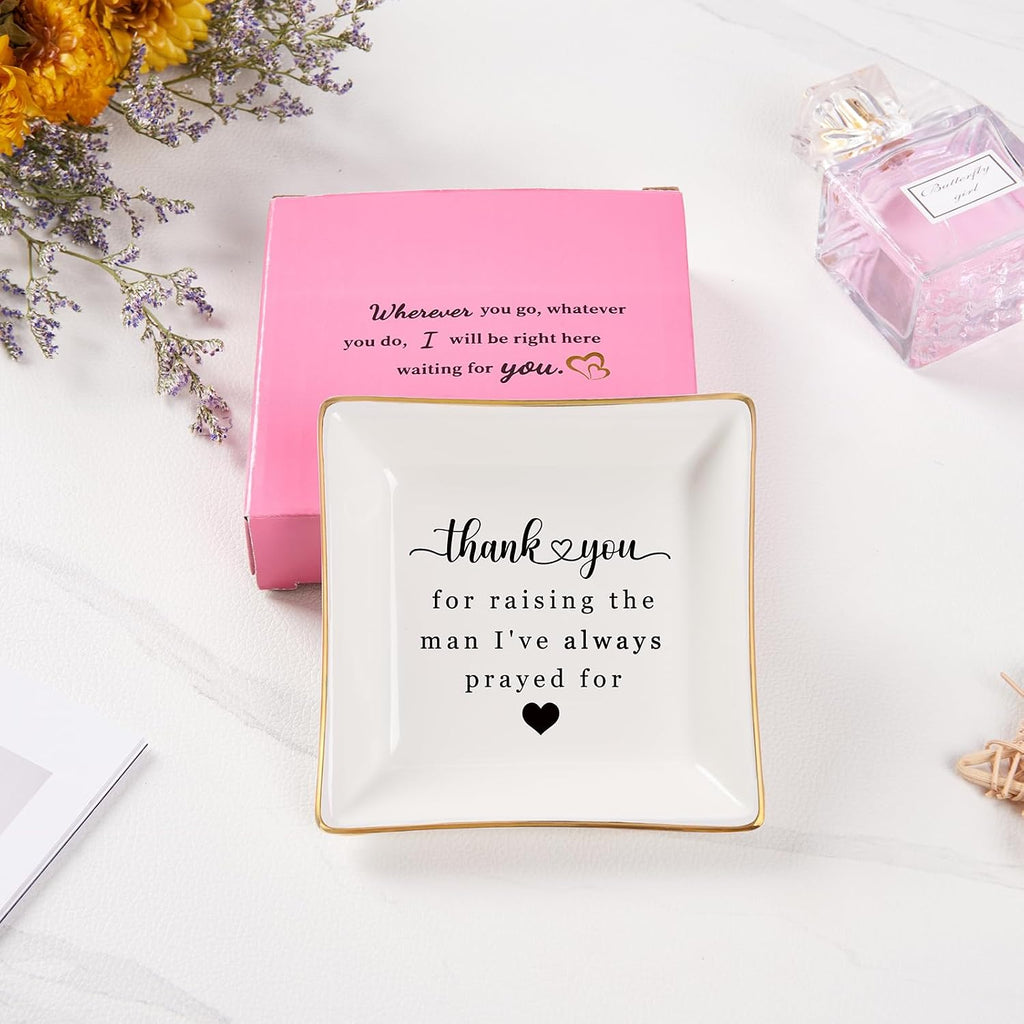Spegiffu Mother in Law Gifts Jewelry Trinket Dish, Mother of the Groom Gift from Bride - Thank You for Raising the Man I've Always Prayed for - Christmas Mothers Day Birthday Wedding Gifts