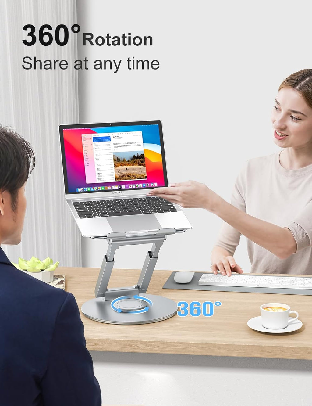tounee Telescopic Laptop Stand for Desk with 360° Swivel Base, Sit to Stand, Height Adjustable, Portable Riser Holder for Good Posture, Compatible with All Laptops 10-17"-Silver
