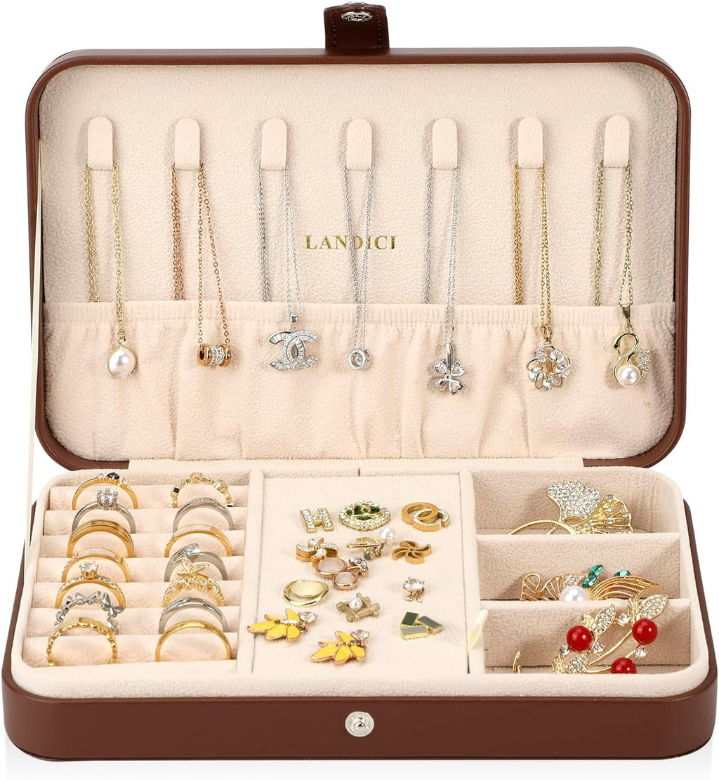 LANDICI Small Jewelry Box for Women Girls, PU Leather Travel Jewelry Case, Portable Jewelry Organizer Storage Holder Display for Ring Earrings Necklace Bracelet Bangle Men Kids Gift, Coffee
