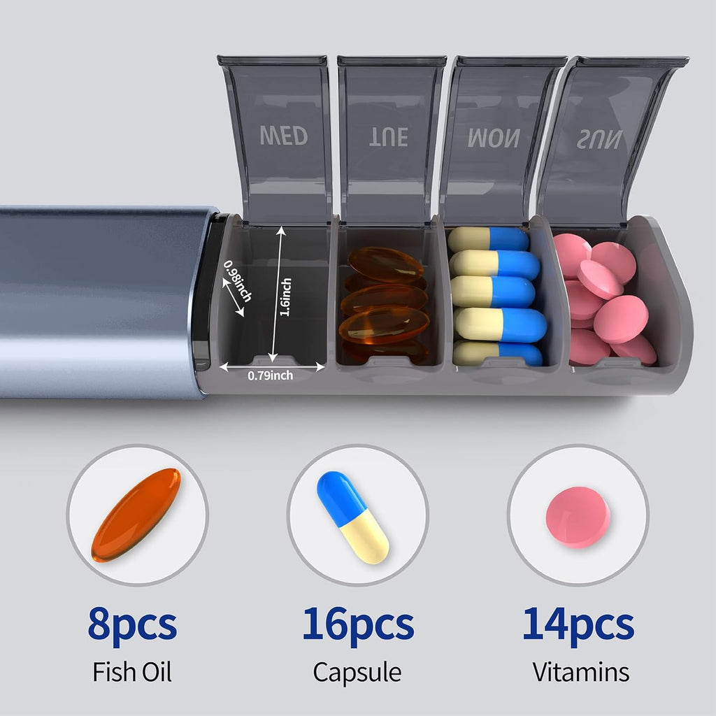 Weekly Pill Organizer, 7-Day Aluminum Case with Pop-up Design,Arthritis Friendly, Large Capacity for Vitamins Supplements and Medication, BPA Free (Gray)