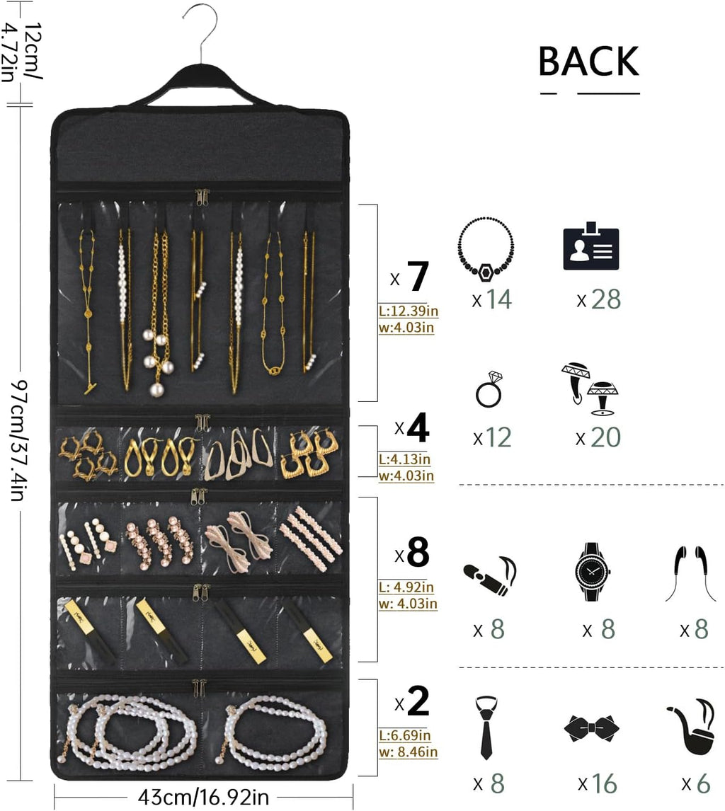 SMRITI Hanging Jewelry Organizer with Dual Zippered Pockets Canvas Double Sided Rotating Hanger Necklace Hanging Wall Organizer Earring Dustproof Holder Wall Mount Accessories Display Bag(Dark Grey)