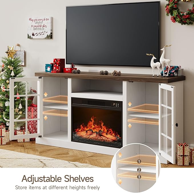 ONBRILL 59 Inch Fireplace TV Stand, Entertainment Center with 23 Inch Electric Fireplace, TV Table for TVs up to 65 Inches, Media Console Cabinet with Storage and Glass Doors for Living Room, White