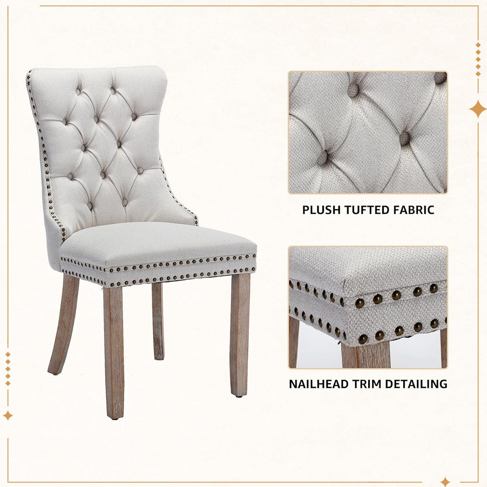 Linen Dining Chairs Set of 2, Tufted Upholstered High Wingback Chairs with Na...