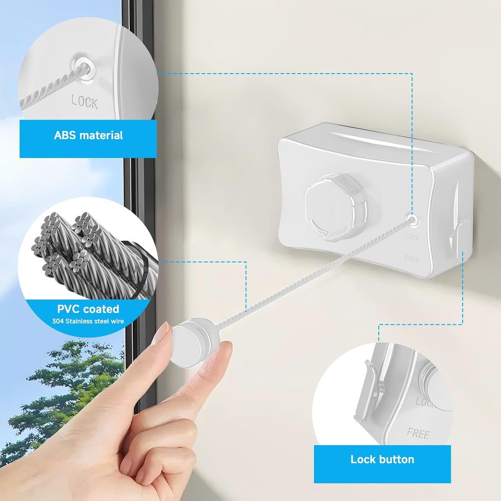 Retractable Outdoor Clothes Line,Heavy Duty Clothes Drying Laundry Line Wall Mounted Stainless Steel Line-16.7 Feets-White