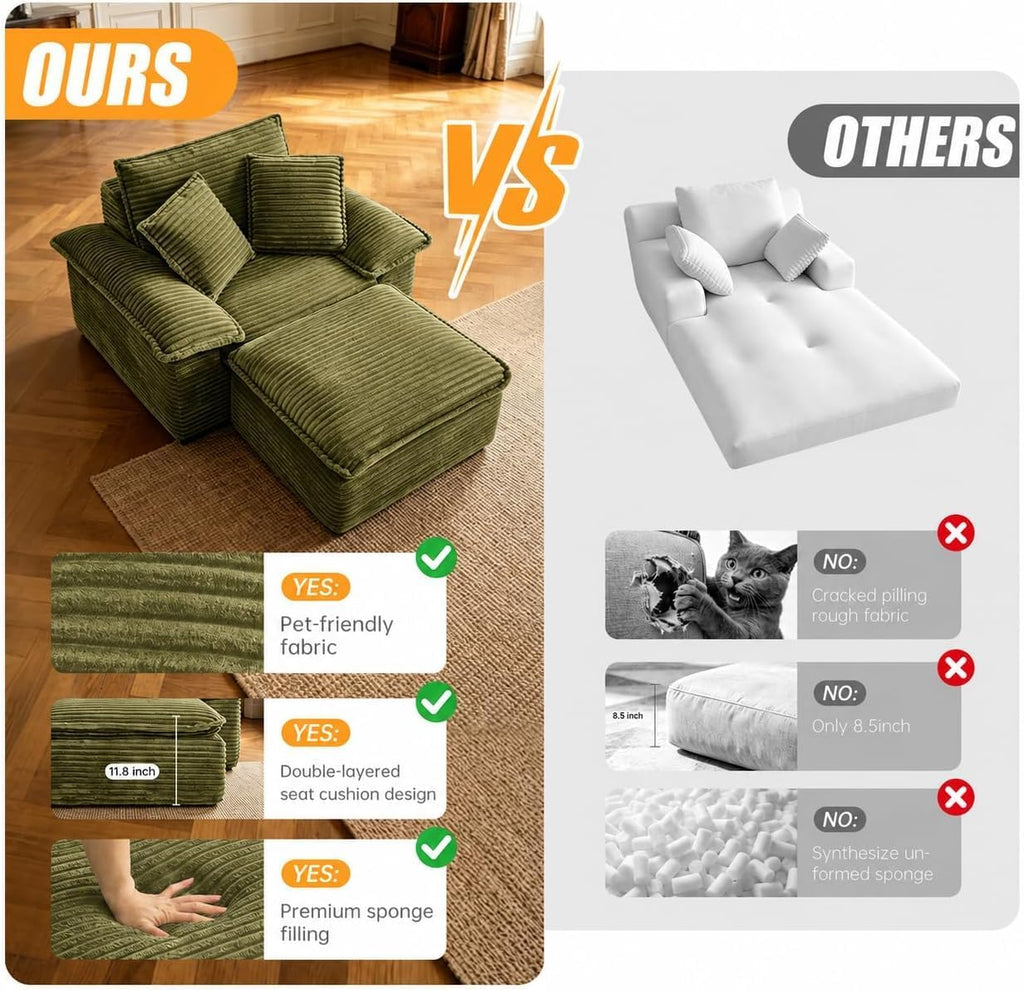HYJT-H&K 63.5" Oversized Chaise Lounge Sofa, Boneless Chair with Ottoman | Green/Comfy Corduroy Reading Chair has Deep Seat,Ergonomic Armrests and 3 Pillows,No Assembly,For Living Rooms,Bedrooms