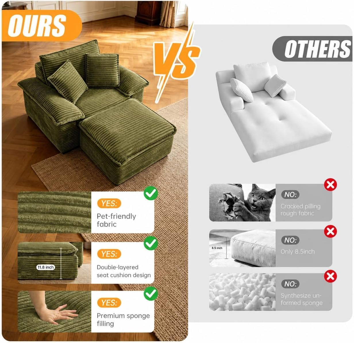 HYJT-H&K 63.5" Oversized Chaise Lounge Sofa, Boneless Chair with Ottoman | Green/Comfy Corduroy Reading Chair has Deep Seat,Ergonomic Armrests and 3 Pillows,No Assembly,For Living Rooms,Bedrooms