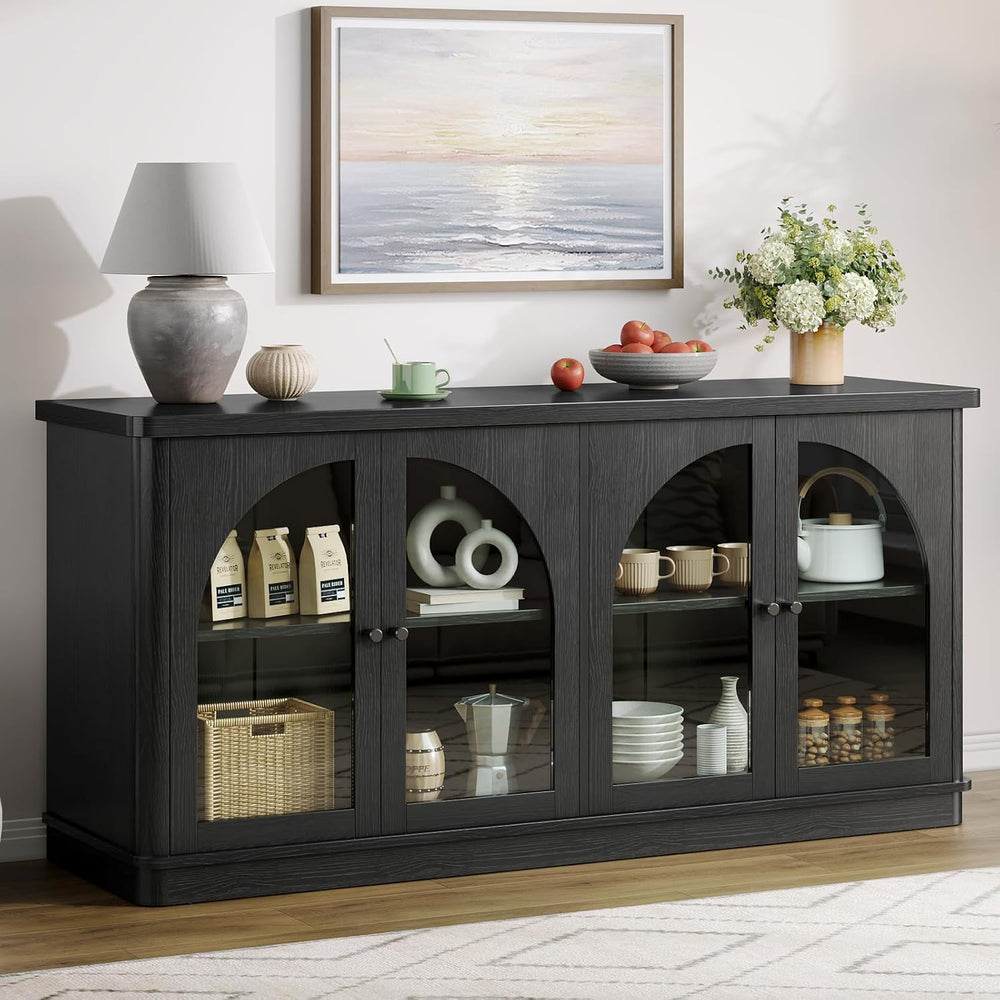 ONBRILL 63 Inch Sideboard Buffet Cabinet with Glass Doors and 4 Doors Black