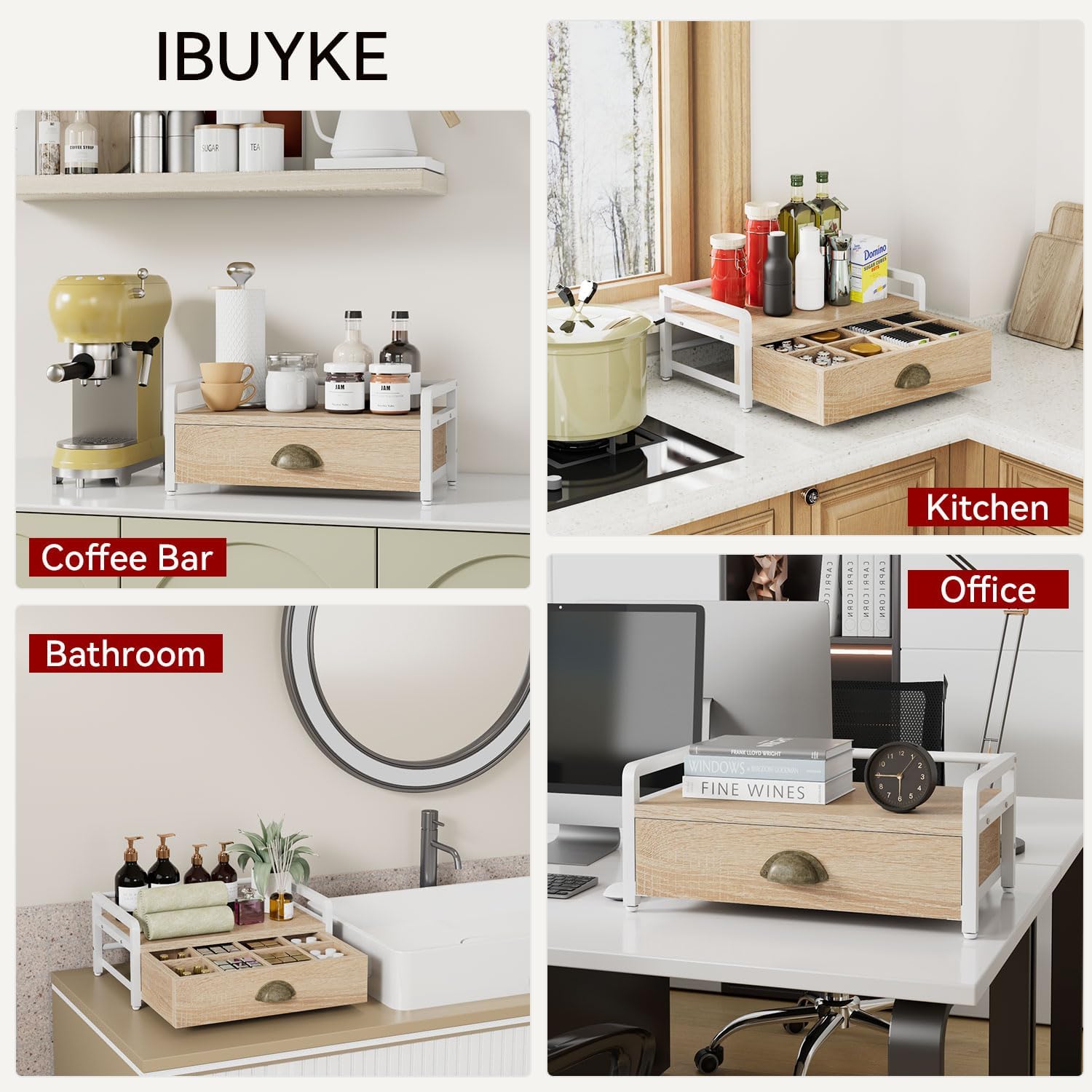 IBUYKE Tea Bag Organizer for Countertop,2 Tier Tea Box Organizer with Drawer,Wood Tea Bag Holder with Metal Frame,Tea Station Organizer for Kitchen Cabinet,Coffee Station,Office,Natural UTCJ004R