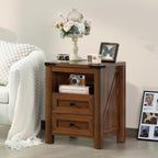 Nightstands Set of 2 with Charging Station, Farmhouse Side End Table with 2 Drawers and Open Shelf, Wood Rustic Sofa Table, Bedside Cabinet for Bedroom, Living Room, Closet, Office(Brown)